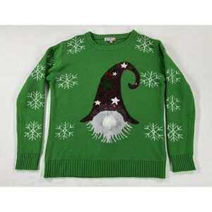 Santa Gnome Christmas Sweater Dangle Nose Snowflakes Sequins Poof Women's M